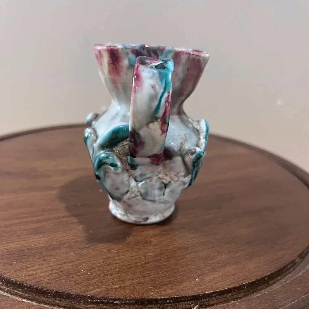 Vtg Italy Ceramic Miniature Pitcher Teal Burgundy Drip Glaze Art Pottery 3.75in